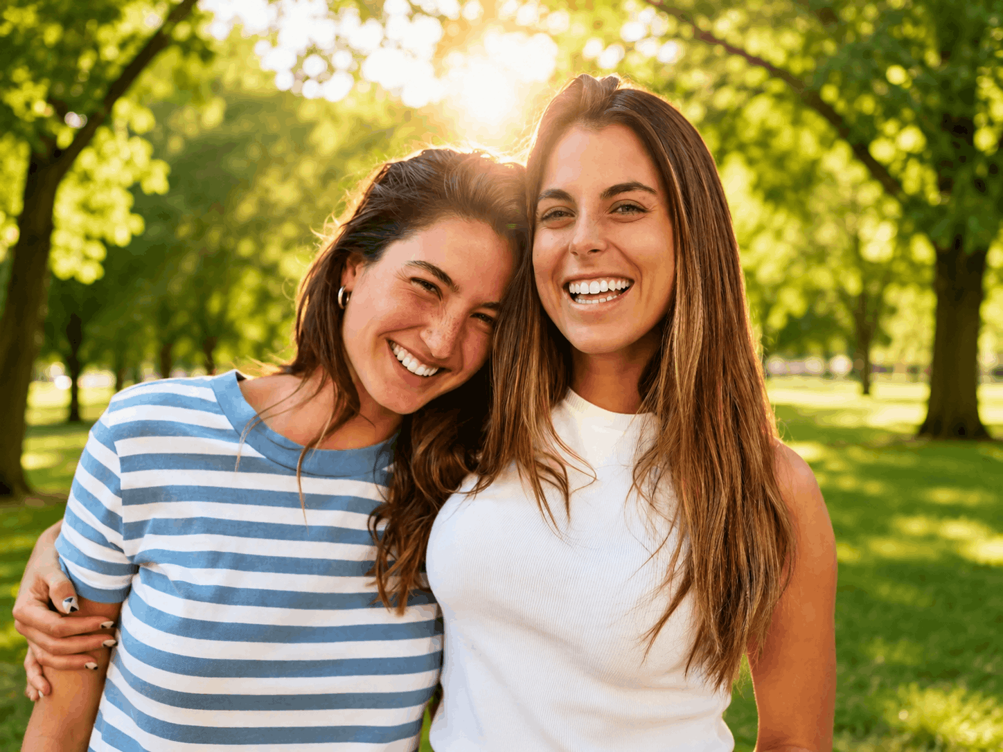 Two patients smiling with confident, healthy smiles
