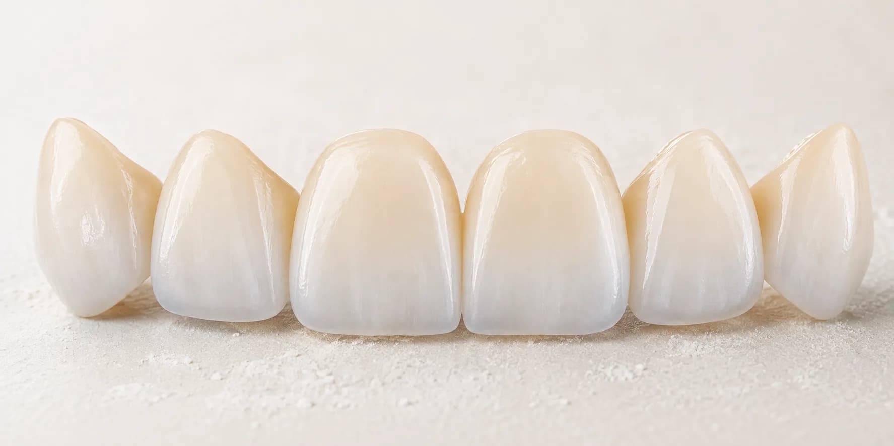 Row of six polished ceramic anterior crowns on a pale powder-dusted surface