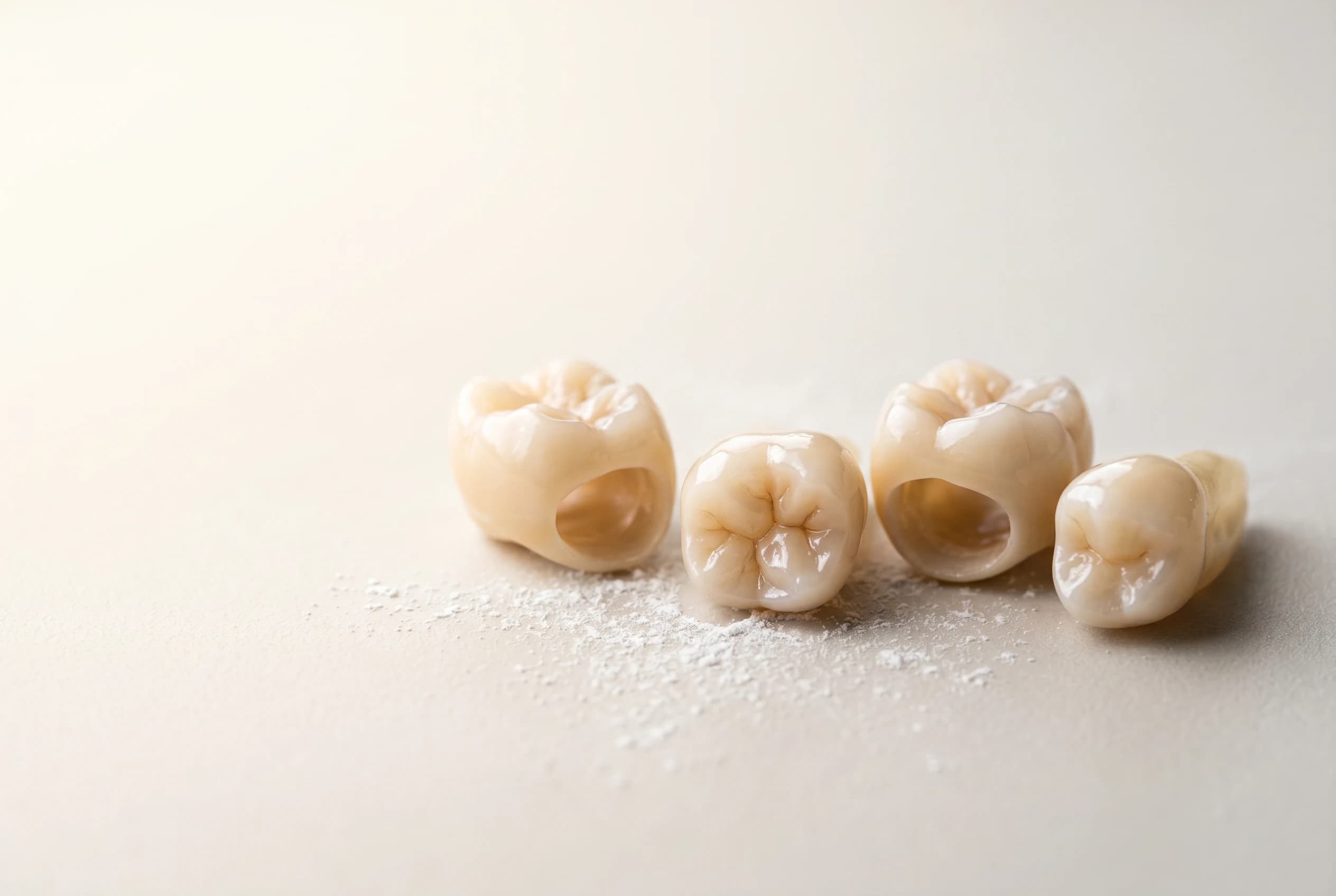 Four finished ceramic crown copings resting on a powder-dusted studio surface