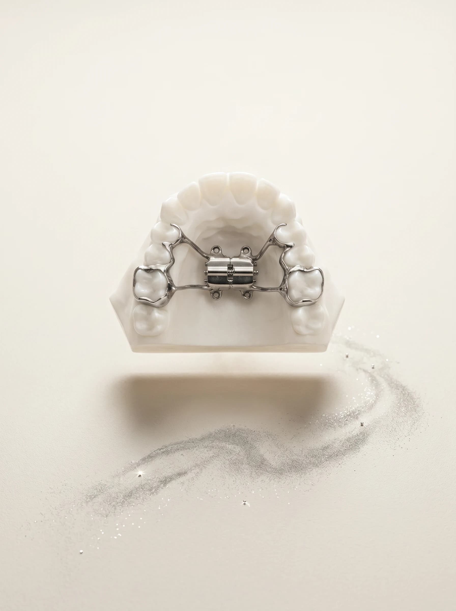 Laser-sintered expander with custom bands on a dental model, floating above a swirl of metal powder