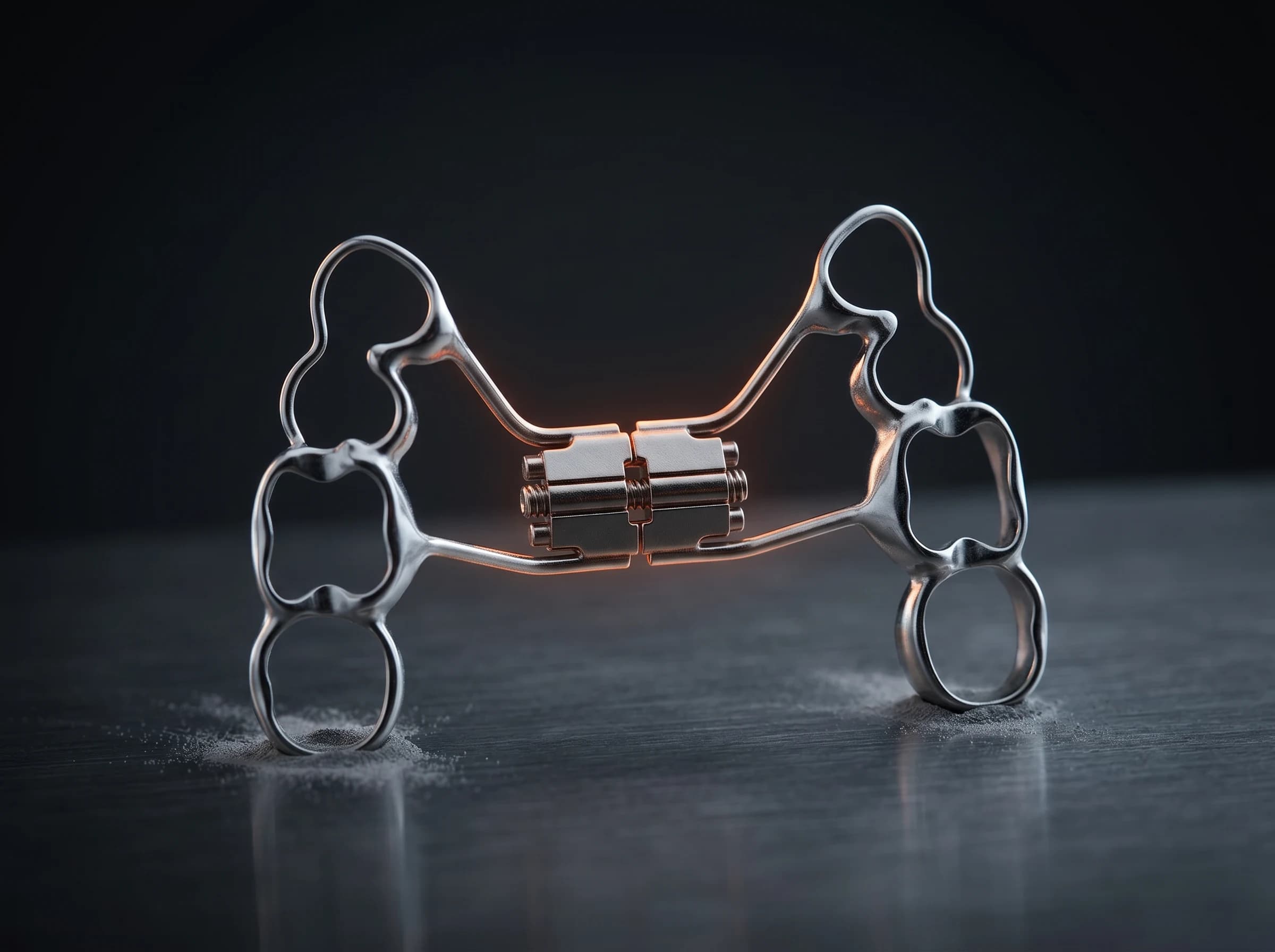 Freshly laser-sintered expander framework cooling on a dark brushed-metal surface