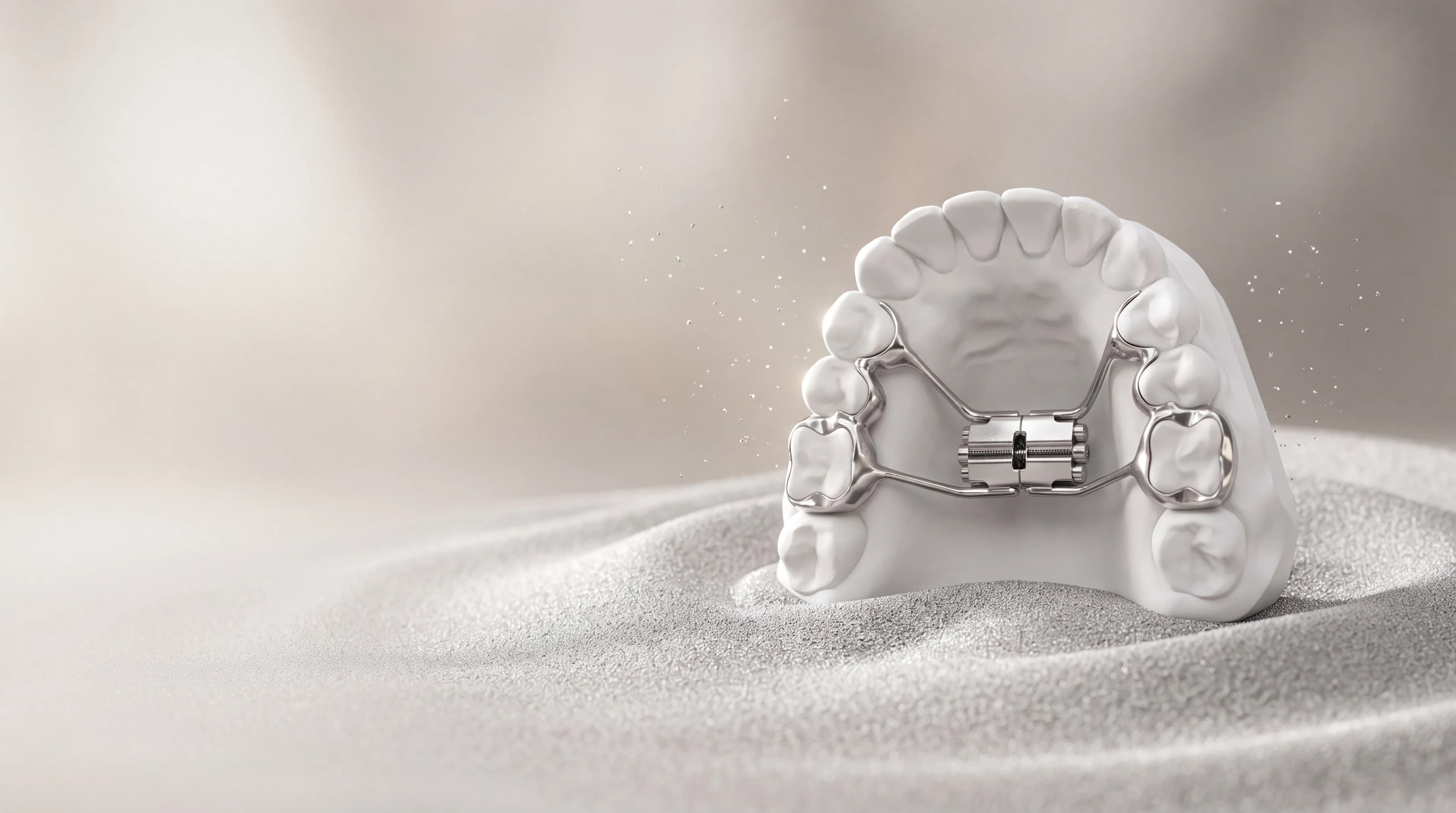 Laser-sintered Metal Worx expander seated on a white dental model