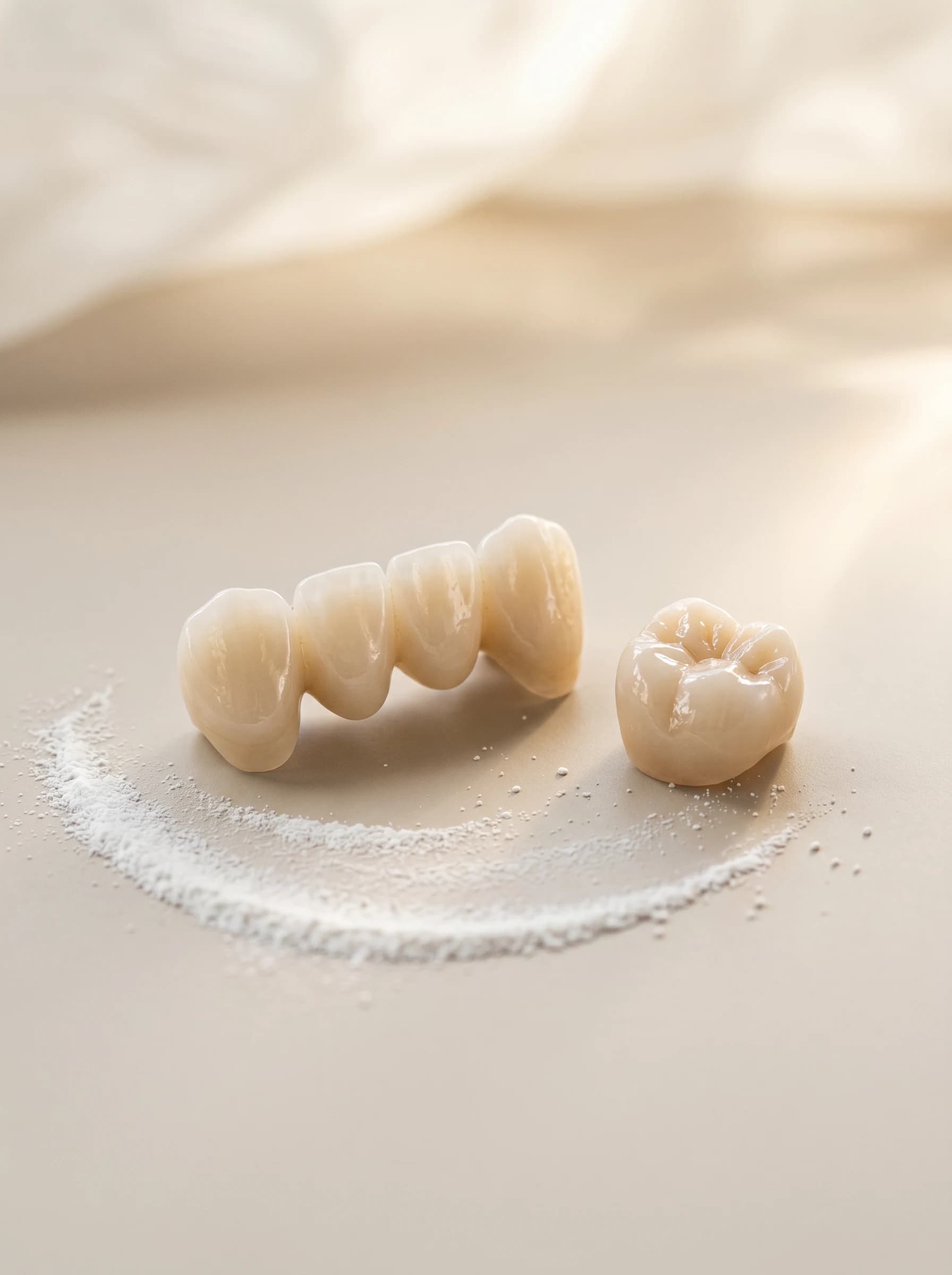 Zirconia dental bridge and ceramic crown on a warm ivory surface with a swirl of ceramic powder